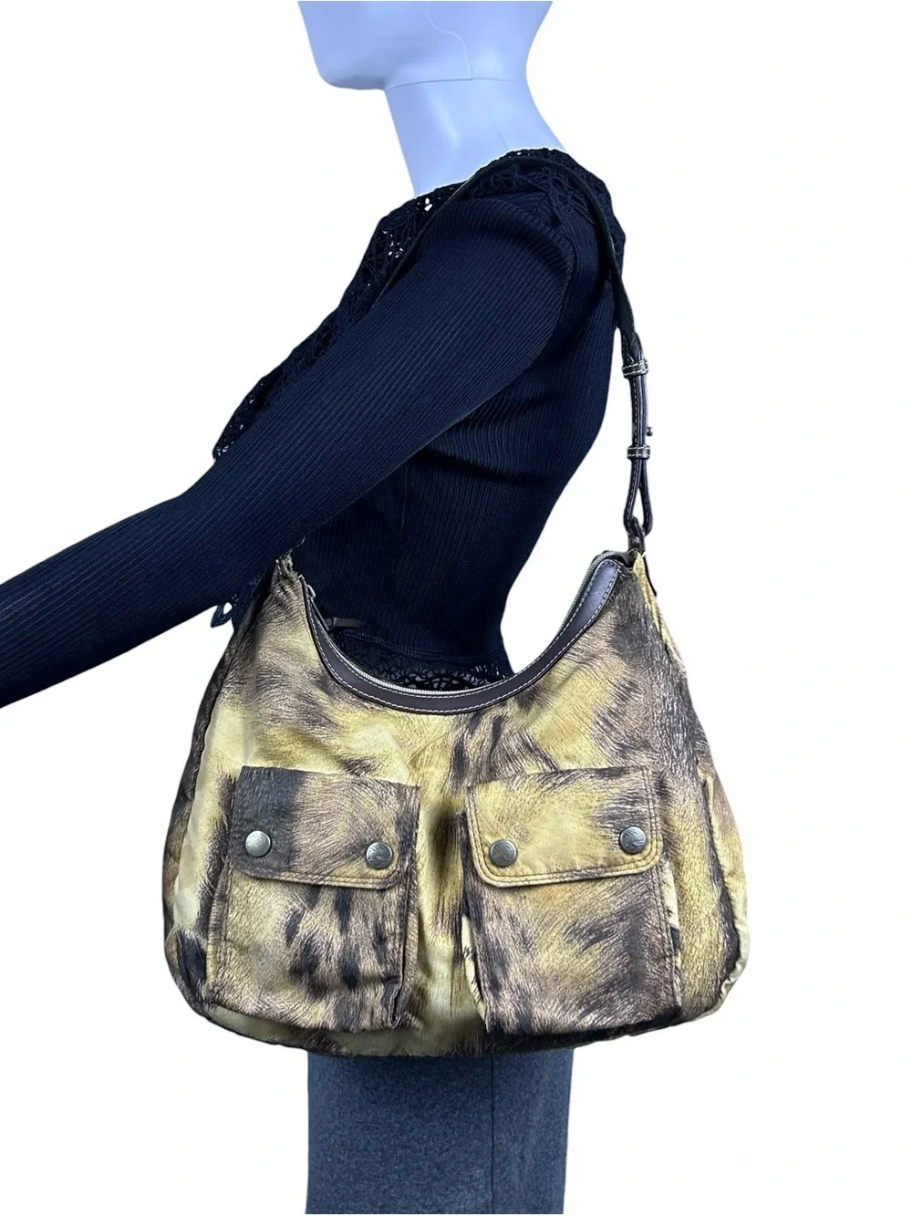 Roberto Cavalli Freedom Vintage Hobo Shoulder Bag Nylon Leather Animal Print Y2K